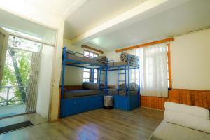 マナリにあるMars Monkey Hostel & Cafeの二段ベッド2台と窓が備わる客室です。