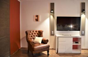 ウィーンにあるスタジオ アパートメント アウガルテンのリビングルーム(茶色の革張りの椅子、テレビ付)