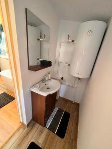 a bathroom with a sink and a mirror at View Piatra Craiului in Zărneşti