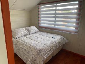 ein kleines Bett in einem Zimmer mit Fenster in der Unterkunft Hostal y Hospedaje Chacabuco in Castro
