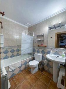 ein Bad mit einem WC, einem Waschbecken und einer Dusche in der Unterkunft La Nava de Gredos acogedor piso con vistas in Navarredonda de Gredos