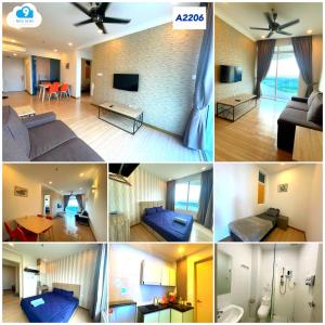 un collage de quatre photos d'un salon dans l'établissement The Wave Residence Melaka - A, à Malacca