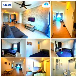 un collage de quatre photos d'un salon dans l'établissement The Wave Residence Melaka - A, à Malacca 17 autres photos