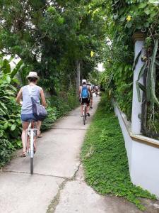 a group of people riding bikes down a path at Ngoc Phuong Homestay in Vĩnh Long