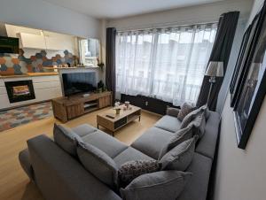 - un salon avec un canapé et une télévision dans l'établissement Appt cosy en cœur de ville proche Lille - 15 min, à Tourcoing