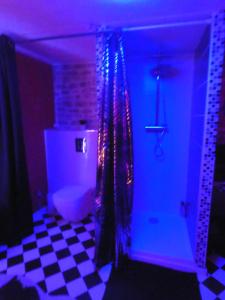 a bathroom with a toilet in a room with purple lights at LOVE ROOM Le rouge et noir in Barr