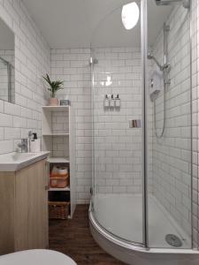 a bathroom with a shower and a sink at *Unique Brighton Apartment & Garden, near Beach* in Brighton & Hove