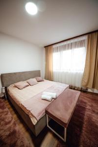 ein Schlafzimmer mit einem großen Bett und einem Fenster in der Unterkunft Apartman Petunija in Sjenica