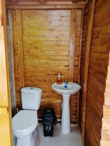 uma casa de banho com um WC e um lavatório em Cabañas Guatavita em Guatavita