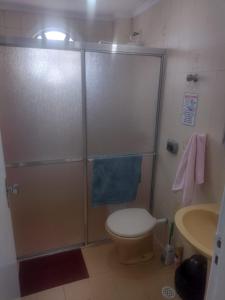 une salle de bain avec une douche avec des toilettes et un lavabo dans l'établissement Apartamento a 50 mt da praia, tudo novo, à Praia Grande 6 autres photos