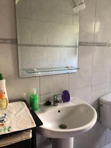 a bathroom with a sink and a mirror and a toilet at Agradable casa con chimenea interior in Camprodon