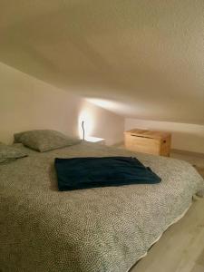 - une chambre dotée d'un lit avec un oreiller vert dans l'établissement Bella vista ,accès direct plage, front de mer, vue mer panoramique, au Barcarès