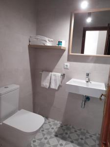 y baño con aseo, lavabo y espejo. en Hostal Quiper, en Quiroga