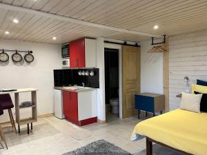 een keuken en een slaapkamer met een bed en een tafel bij Maxilly appart in Saint-Paul-en-Chablais