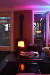 a fireplace in a living room with purple lighting at The Birdy Mountains Luxury Lodge 2 in Schlitz