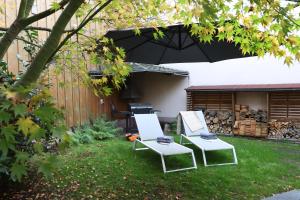 two chairs and an umbrella in a yard at The Birdy Mountains Luxury Lodge 2, 230qm,Sauna,Entertainment in Schlitz