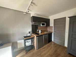 a kitchen with stainless steel appliances and wooden floors at charmant studio à la Rosière in Montvalezan