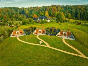 an aerial view of a house on a green field at Wodny Świat in Ostrzyce