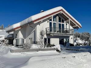 dom pokryty śniegiem z pokrytym śniegiem dziedzińcem w obiekcie Bergblick Lodge w mieście Ofterschwang
