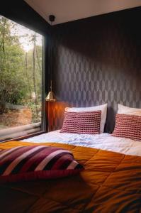 - un lit avec deux oreillers et une fenêtre dans une chambre dans l'établissement Coco’s Buitenhuisje, à Nunspeet
