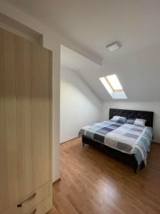 1 dormitorio con 1 cama y tragaluz en Despot apartmani, en Mladenovac