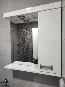 La salle de bains est pourvue d'un miroir et d'une douche. dans l'établissement White pearl, à Veliko Gradište