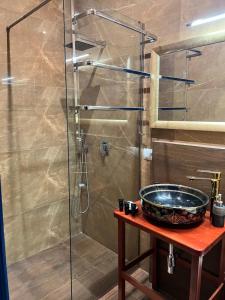 a bathroom with a sink and a glass shower at Amo's Hotel in Shkodër