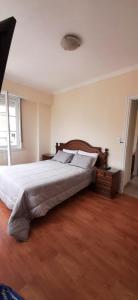 una camera da letto con un letto grande in una stanza di EN EL CORAZON DE LA FELIZ CON COCHERA PRIVADA INCLUIDA 3 AMBIENTES LUMINOSO vista al mar a Mar del Plata