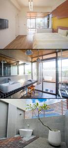 Dos fotos de un dormitorio con una cama y un baño. en 采虹6號民宿臺東縣民宿479號, en Taitung