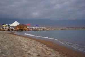 a beach with a pier and the water at Raduga West Pineforest - коттедж в аренду на Иссык-Куле in Koshkolʼ