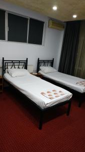 two beds in a room with red carpet at Pensiunea Escape in Iaşi