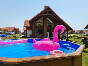 un cygne rose gonflable dans une piscine en face d'une maison dans l'établissement Domek z basenem nad jeziorem Gwiazdy, Ostoja Bukowo, Kaszuby, à Borowy Młyn
