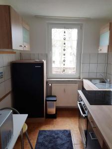 a kitchen with a black refrigerator and a window at Haus Ajax in Anklam