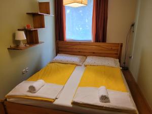 uma cama num pequeno quarto com uma janela em Lara Apartman em Debrecen