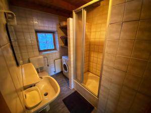 uma casa de banho com um WC, um lavatório e um chuveiro em Ferienhaus Falbeson em Neustift im Stubaital