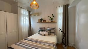 een slaapkamer met een bed met kussens erop bij Le coquillage in Trou aux Biches