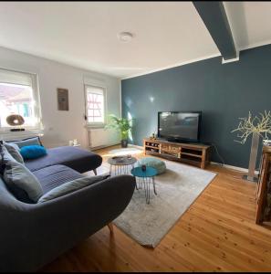 a living room with a couch and a flat screen tv at Ferienwohnung am Berg in Bad Bergzabern