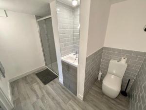 a bathroom with a toilet and a sink and a shower at Fantastic convenient 2 Bedroom 2 bathroom Perfect for Stansted Airport, 3 minute walk to Bishops Stortford Train Station! in Bishops Stortford +13 photos