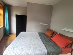 ポルトにあるFullHouse Portoのベッドルーム1室(大型ベッド1台、赤い枕付)