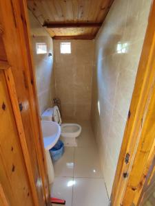 een kleine badkamer met een toilet en een wastafel bij Lime tree houses in Beldibi