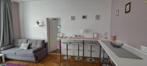 - un salon avec un lavabo et un canapé dans l'établissement Sweet 16 Apartment in the Party District, à Budapest