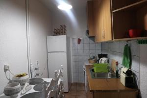 a kitchen with a sink and a white refrigerator at Dimos Suite in Arachova