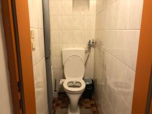 a small bathroom with a toilet in a stall at Convenient Shared Apartment - near Danube & Millenium Tower in Vienna
