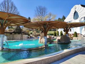 una piscina con una sombrilla de madera. en Spa Residence Carbona Mona Lila Apartman en Hévíz