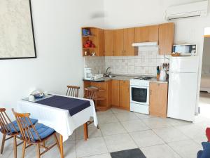 Vila Kraljica في مالينسكا: مطبخ مع ثلاجة بيضاء وطاولة وكراسي