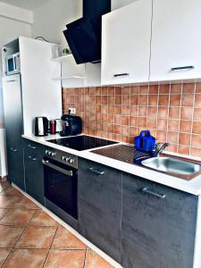 una cocina con armarios negros y fregadero en 263 Zentrum Nord Apartment Messe,Hbf,A14, en Leipzig