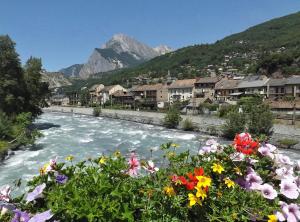 a river with flowers and houses and a mountain at APPARTEMENT 3 CHAMBRES A LA MONTAGNE in Saint-Michel-de-Maurienne