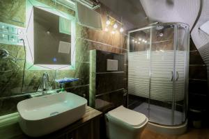 a bathroom with a sink and a shower and a toilet at North Wind 57 in Bīr