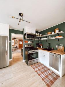 una cucina con pareti verdi ed elettrodomestici in acciaio inossidabile di The Clay Hideaway a Downers Grove