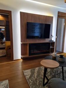 Una sala de estar con chimenea y TV de pantalla plana. en Merlin 22 DeLux, en Zlatibor